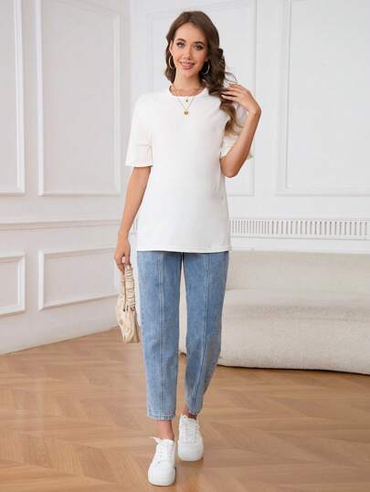 SHEIN جينز حمل سيدات حوامل بقصة جيب بسيطة ، ملابس كاجوال للسيدات للاستخدام اليومي في الصيف