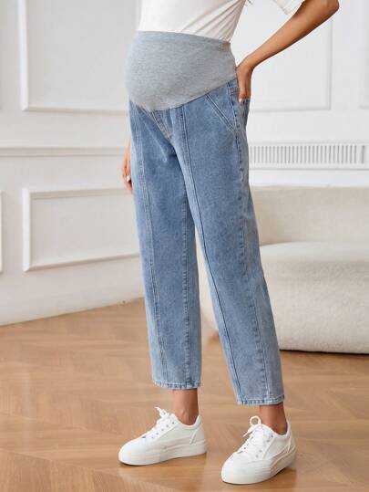 SHEIN جينز حمل سيدات حوامل بقصة جيب بسيطة ، ملابس كاجوال للسيدات للاستخدام اليومي في الصيف