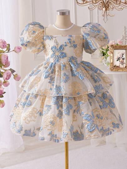 SHEIN Glamorique Kids فستان بأكمام نفخة ذو تصميم جاكوارد أنيق للفتيات المراهقات، مناسب للارتداء اليومي والسهرات والمناسبات، يُظهر أناقة وأناقة