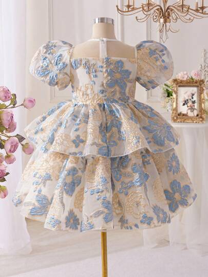 SHEIN Glamorique Kids فستان بأكمام نفخة ذو تصميم جاكوارد أنيق للفتيات المراهقات، مناسب للارتداء اليومي والسهرات والمناسبات، يُظهر أناقة وأناقة