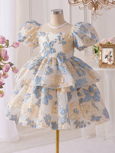SHEIN Glamorique Kids فستان بأكمام نفخة ذو تصميم جاكوارد أنيق للفتيات المراهقات، مناسب للارتداء اليومي والسهرات والمناسبات، يُظهر أناقة وأناقة