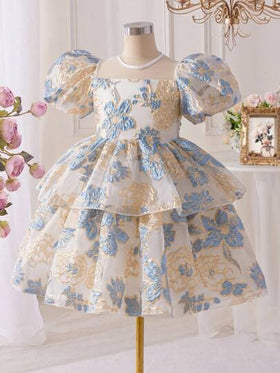 SHEIN Glamorique Kids فستان بأكمام نفخة ذو تصميم جاكوارد أنيق للفتيات المراهقات، مناسب للارتداء اليومي والسهرات والمناسبات، يُظهر أناقة وأناقة