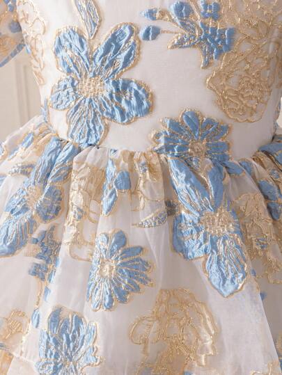 SHEIN Glamorique Kids فستان بأكمام نفخة ذو تصميم جاكوارد أنيق للفتيات المراهقات، مناسب للارتداء اليومي والسهرات والمناسبات، يُظهر أناقة وأناقة