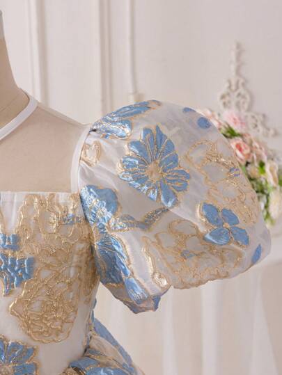 SHEIN Glamorique Kids فستان بأكمام نفخة ذو تصميم جاكوارد أنيق للفتيات المراهقات، مناسب للارتداء اليومي والسهرات والمناسبات، يُظهر أناقة وأناقة