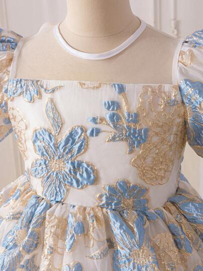 SHEIN Glamorique Kids فستان بأكمام نفخة ذو تصميم جاكوارد أنيق للفتيات المراهقات، مناسب للارتداء اليومي والسهرات والمناسبات، يُظهر أناقة وأناقة