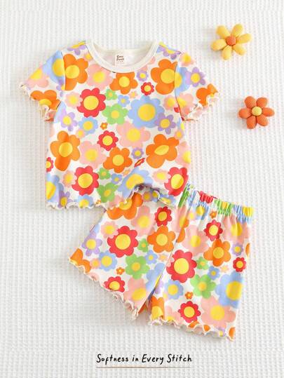 Cozy Pixies مجموعة ملابس علوية أكمام قصيرة بطباعة زهور ناعمة والشورت ذو الخصر المطاطي للبنات 2 قطعة