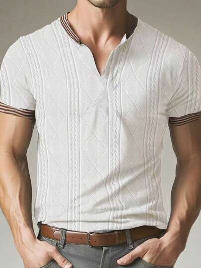 Manfinity Homme تي شيرت قطني كاجوال للرجال مع تريم بخطوط الثبات