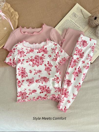SHEIN 4 قطعة/طقم بنات صغار طراز القديم بنمط زهري مكرمل؛ تي شيرت قصيرة الأكمام وبقطعة السراويل مريحة كاجوال لبيجاما