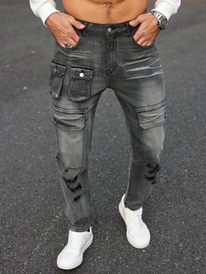 Manfinity Homme سروال جينز كاجوال أنيق بطراز بسيط للرجال للارتداء اليومي