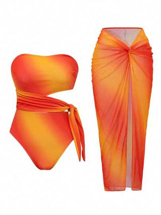 مايوه حريمي قطعة واحدة Swim Oasis مجموعة بقطعتين ملابس سباحة للنساء للربيع: بذلة سباحة بقطعة واحدة مع أشرطة قابلة للتعديل وأشرطة ملتوية، مقترنة بتنورة مصنوعة من شبكة مطبوعة وملتوية