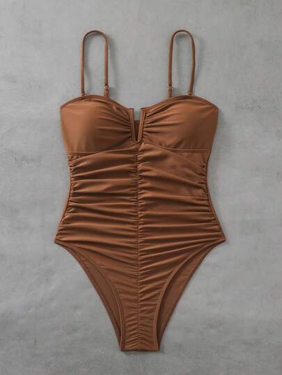 مايوه حريمي قطعة واحدة Swim SXY بدلة سباحة كاجوال قطعة واحدة، رقبة على شكل حرف V مضفر، لون بني، للنساء ،مناسبة للصيف والعطلات الشاطئية