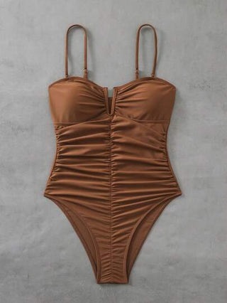 مايوه حريمي قطعة واحدة Swim SXY بدلة سباحة كاجوال قطعة واحدة، رقبة على شكل حرف V مضفر، لون بني، للنساء ،مناسبة للصيف والعطلات الشاطئية