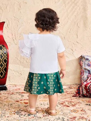 مجموعة تنورة بطبعات زهور صيفية ولباس علوي أكمام قصيرة بيضاء للبيبي بنت، 2 قطعة