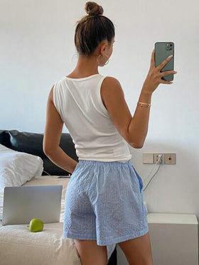 Livesso طقم ملابس علوية خزان وشورت كاجوال منسوج بخطوط متداخلة بلون سادة، بيجامة