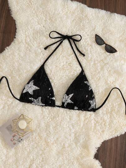 SHEIN Swim الجزء العلوي لبيكيني نجمي ذو ألوان متباينة وتطريز بروش، بيكيني ذو مثلثات مايكرو جذابة