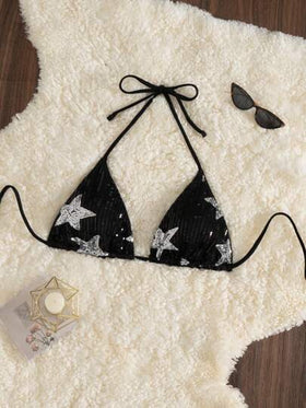 SHEIN Swim الجزء العلوي لبيكيني نجمي ذو ألوان متباينة وتطريز بروش، بيكيني ذو مثلثات مايكرو جذابة