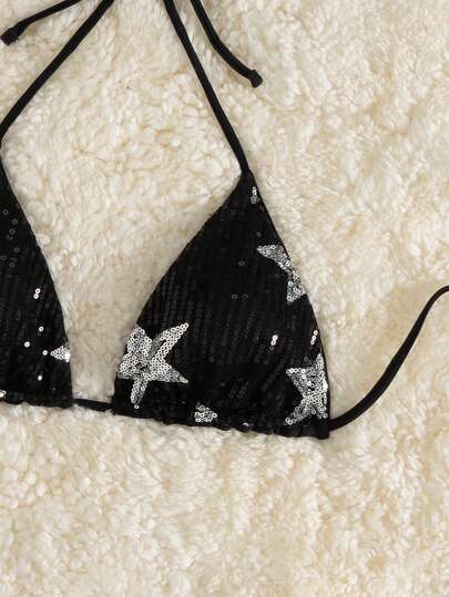SHEIN Swim الجزء العلوي لبيكيني نجمي ذو ألوان متباينة وتطريز بروش، بيكيني ذو مثلثات مايكرو جذابة