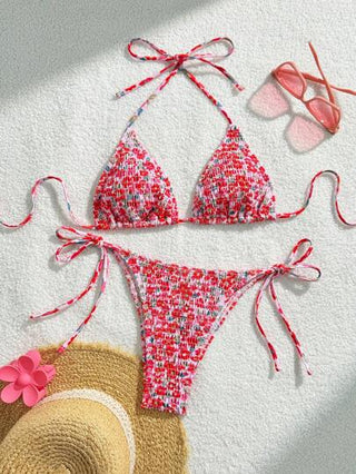 Swim Mod ملابس سباحة بيكيني قطعتين للنساء للربيع والصيف مكونة من قميص حراري مزخرف بنقشة زهور وربطة أمامية جذابة