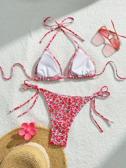 Swim Mod ملابس سباحة بيكيني قطعتين للنساء للربيع والصيف مكونة من قميص حراري مزخرف بنقشة زهور وربطة أمامية جذابة