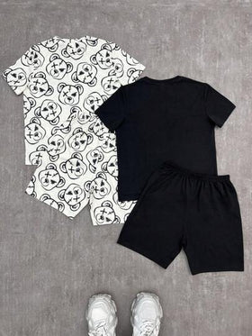 SHEIN 4 قطع بيجامة للأولاد المراهقين تتميز بطباعة الدب والقطع المرتخية وفضفاضة وذات رقبة دائرية وأكمام قصيرة
