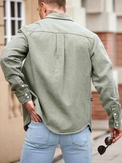 Manfinity Homme جاكيت جينز كاجوال أمريكية ذات تصميم نحيف باللون الأخضر الزيتوني للرجال