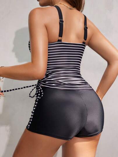 طقم تانكيني حريمي Swim Lushoire بدلة سباحة ستانكيني قطعتين للنساء، حمالة رقبة مخطط، ظهر مكشوف، خصر محاط بكشكشة، للشاطئ والصيف