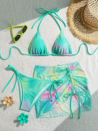 Swim SXY طقم ملابس سباحة بيكيني مكون من 3 قطع/مجموعة من ملابس علوية قصير بدون أكمام من قماش شبكي مصبوغ بالربط، وشورت معقود وتنورة بحاشية مزينة بفيونكة، ملابس شاطئ المنتجع، لقضاء إجازة الصيف