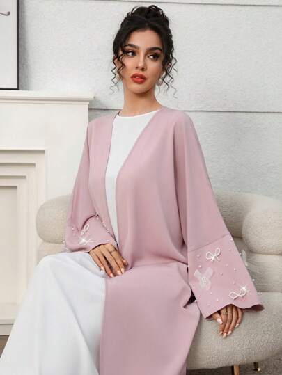 Yasmyna عباءة نسائية طويلة الأكمام مع وشاح في الأساور والزخارف اللؤلؤية الزائفة، عباءة محتشمة