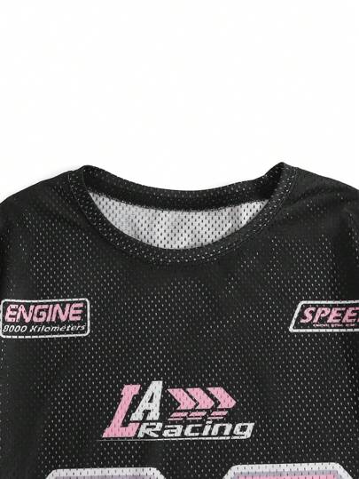 SHEIN تي شيرت بأكمام تسقط ورقبة نسيجية للفتيات المراهقات، طباعة أرقام وأحرف إنجليزية، مناسب للعودة إلى المدرسة وحفلات الرياضة والموضة اليومية