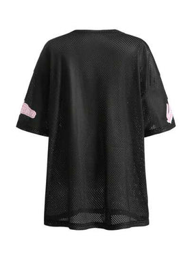 SHEIN تي شيرت بأكمام تسقط ورقبة نسيجية للفتيات المراهقات، طباعة أرقام وأحرف إنجليزية، مناسب للعودة إلى المدرسة وحفلات الرياضة والموضة اليومية
