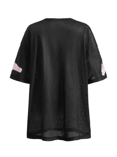 SHEIN تي شيرت بأكمام تسقط ورقبة نسيجية للفتيات المراهقات، طباعة أرقام وأحرف إنجليزية، مناسب للعودة إلى المدرسة وحفلات الرياضة والموضة اليومية
