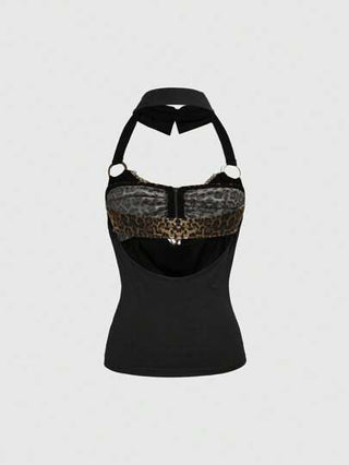 ROMWE J-Fashion ملابس علوية نسائية بدون أكمام مزخرفة بجلد الفهد وعنق متدلٍ، رائعة لموضة Y2K واسلوب هاراجوكو