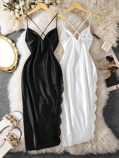 فستان طويل وملابس نوم نسائية، مجموعة من قطعتين، من التطريز والشبك الجذاب