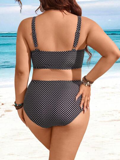 Swim Lushoire مجموعة من القطعتين مقاسات كبيرة للنساء ذات طباعة نقاط كبيرة، توب ذو حمالات سميكة مع عقدة أمامية، وبكيني بخصر عالي بشكل مثلث، ملابس السباحة للعطلات الصيفية والشاطئ