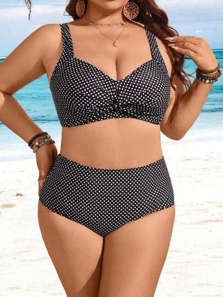 Swim Lushoire مجموعة من القطعتين مقاسات كبيرة للنساء ذات طباعة نقاط كبيرة، توب ذو حمالات سميكة مع عقدة أمامية، وبكيني بخصر عالي بشكل مثلث، ملابس السباحة للعطلات الصيفية والشاطئ