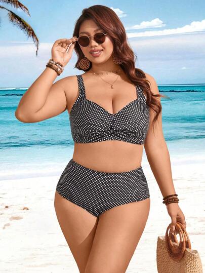 Swim Lushoire مجموعة من القطعتين مقاسات كبيرة للنساء ذات طباعة نقاط كبيرة، توب ذو حمالات سميكة مع عقدة أمامية، وبكيني بخصر عالي بشكل مثلث، ملابس السباحة للعطلات الصيفية والشاطئ