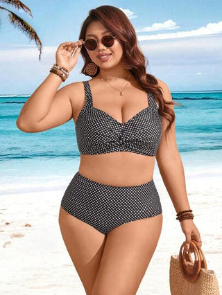 Swim Lushoire مجموعة من القطعتين مقاسات كبيرة للنساء ذات طباعة نقاط كبيرة، توب ذو حمالات سميكة مع عقدة أمامية، وبكيني بخصر عالي بشكل مثلث، ملابس السباحة للعطلات الصيفية والشاطئ