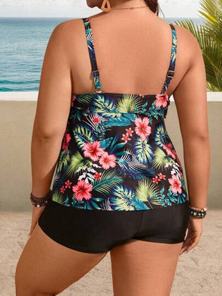 Swim Lushoire المرأة مقاس كبير قطعتين؛ ملابس علوية كامي مطبوع بالورود وشورت لون أحادي، ملابس سباحة كاجوال ذات ظهر عريض مناسبة للعطلات