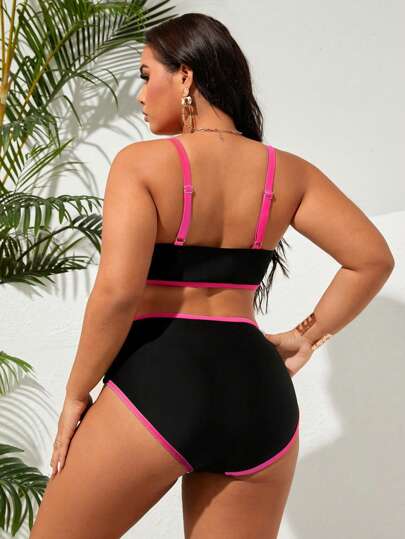 SHEIN Swim Curve 2 أجزاء من بيكيني الأحجام الكبيرة للنساء ذو حزام رفيع قابل للتعديل متعدد الألوان لا تتشبث بالجسم لأجازة الصيف وارتداء الشاطئ