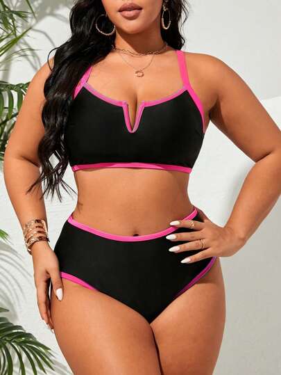 SHEIN Swim Curve 2 أجزاء من بيكيني الأحجام الكبيرة للنساء ذو حزام رفيع قابل للتعديل متعدد الألوان لا تتشبث بالجسم لأجازة الصيف وارتداء الشاطئ