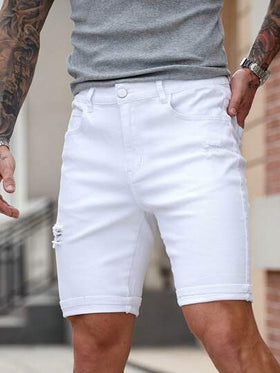 Manfinity Homme شورت جينز أبيض مبالى مقطع وضيق على الرجال
