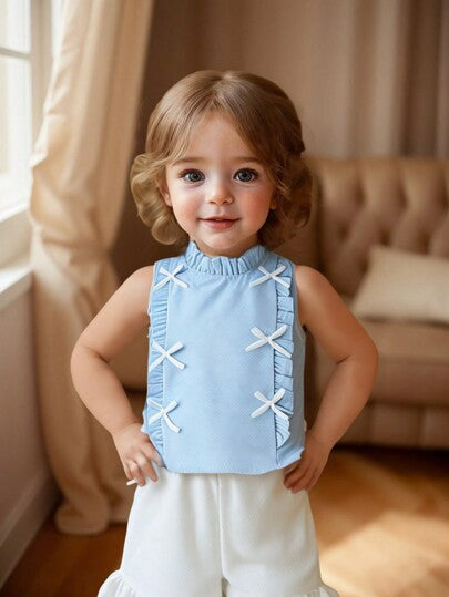 SHEIN Genkimix Kids بدلة للرضيعة مع فيونكة، مناسبة للربيع/الصيف، ملابس كاجوال مريحة، أقمشة لطيفة على البشرة مناسبة للارتداء اليومي في المنزل أو الخارج