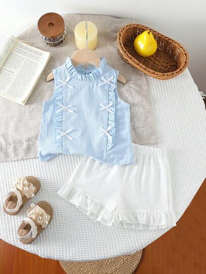 SHEIN Genkimix Kids بدلة للرضيعة مع فيونكة، مناسبة للربيع/الصيف، ملابس كاجوال مريحة، أقمشة لطيفة على البشرة مناسبة للارتداء اليومي في المنزل أو الخارج