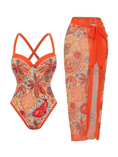 Swim Oasis ملابس صيفية للنساء على الشاطئ: بدلة سباحة قطعة واحدة مطبوعة بالأزهار مع رفع الصدر وتنورة طويلة شفافة، طقم مكون من قطعتين