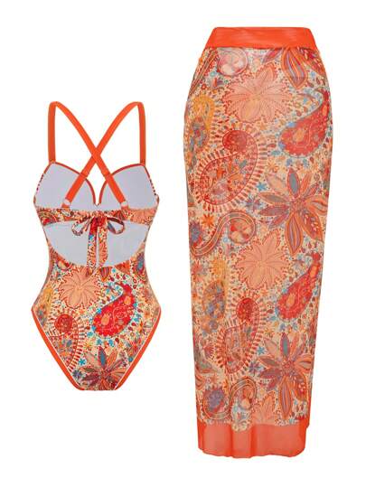 Swim Oasis ملابس صيفية للنساء على الشاطئ: بدلة سباحة قطعة واحدة مطبوعة بالأزهار مع رفع الصدر وتنورة طويلة شفافة، طقم مكون من قطعتين