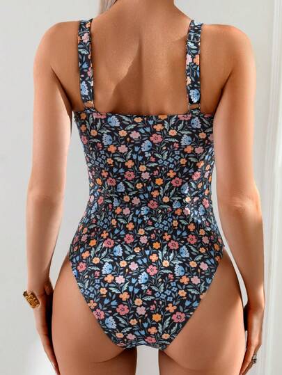 Swim Mod قطعة واحدة من ملابس السباحة نسائية بطبعة زهور صغيرة لإجازة الصيف/الشاطئ، بذلة سباحة بقطعة واحدة