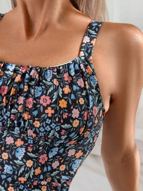 Swim Mod قطعة واحدة من ملابس السباحة نسائية بطبعة زهور صغيرة لإجازة الصيف/الشاطئ، بذلة سباحة بقطعة واحدة