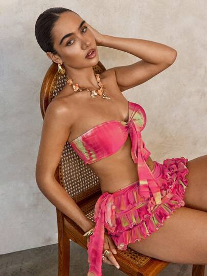SHEIN Swim طقم بكيني للنساء مكون من ملابس علوية وأسفل بطبعات رباطية، مثير، لأيام الشاطئ والعطلات الصيفية