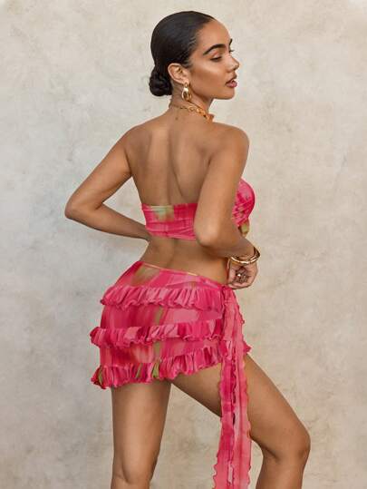 SHEIN Swim طقم بكيني للنساء مكون من ملابس علوية وأسفل بطبعات رباطية، مثير، لأيام الشاطئ والعطلات الصيفية