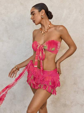 SHEIN Swim طقم بكيني للنساء مكون من ملابس علوية وأسفل بطبعات رباطية، مثير، لأيام الشاطئ والعطلات الصيفية